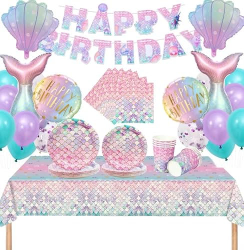 Mermaid Decorations, Tableware Set With Plates, Cups, Napkins & Tablecloth - Perfect for Children's Parties