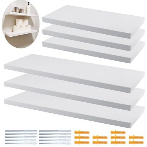 FAAING 6er-Set Schwebende Wandregal Weiß Holz, 30cm und 40cm Wandhalterung Wandregal Weiß Schweberegal mit Schrauben, Weiße schwebende Regale für Wand, Wohnzimmer, Küche, Schlafzimmer, Büro