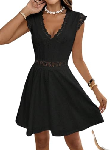 SweatyRocks Damen Kleid Elegant A Linien Kleid mit Rüschen Spitzenkleid Kurzes Partykleid Freizeitkleid mit V Ausschnitt Schwarz M