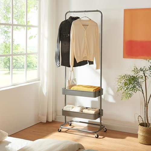 [en.casa] Garderobenständer Kumad 175 x 58 x 36 cm Rollgarderobe 2 Rollen mit Bremse Kleiderständer auf Rollen Garderobe Garderobenstange 2 Gitterkörbe Jackenständer Metall Kleiderstange Dunkelgrau