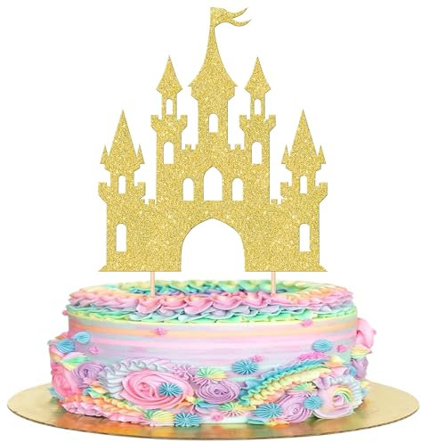 Xsstarmi 1 Pack Castle Theme Cake Topper Glitter Queen Princess Castle Cake Pick Queen Princess Birthday Cake Decorations for Baby Shower Wedding Birthday Party Supplies Gold