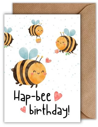 Geburtstag Karte mit Umschlag - Geburtstagskarte “Hap-bee birthday” Bienen Herzen Wortspiel Glückwunschkarte Geschenkkarte zum Geburtstag Geburtstagsgruß (DIN A6)