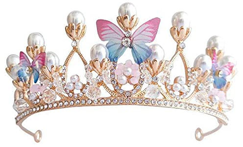 Krone Rosa Mädchen, Moxiewell Schmetterling Blume Perle Strass Königin Krone, Prinzessin Krone Stirnband, Tiara Perle Prinzessin, Königin Krone für Geburtstagsfeier Feiertagskostüm