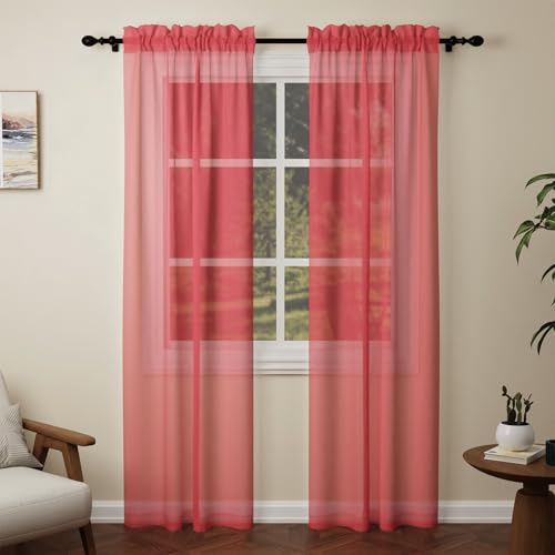 Pacok Red Voile Curtains, 90 Drop 2 Panels Net Curtain for Windows, Rod Pocket Sheer Curtain Panel Voile Curtains for Living Room Kitcken Bedroom W56xL90 Inch(Red, 142 x 228cm)