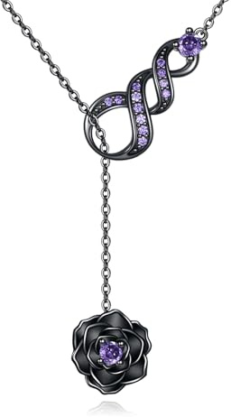 URONE Schwarze Rose Sterling Silber Lila Rose Infinity Larait Bar Y Lariat Lange Kette Anhänger Schmuck Geschenke für Frauen