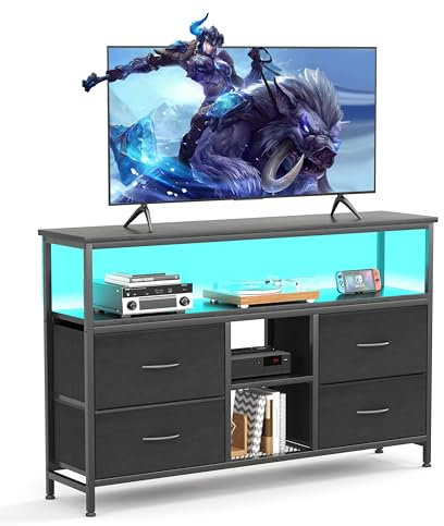MUTUN TV Schrank mit LED-Beleuchtung, Lowboard für Fernseher mit 4 Stoffschubladen,V-Board und Fernsehtisch, vielseitiger Fernsehschrank für Wohnzimmer und Schlafzimmer, stilvolle TV-Möbel，Schwarz