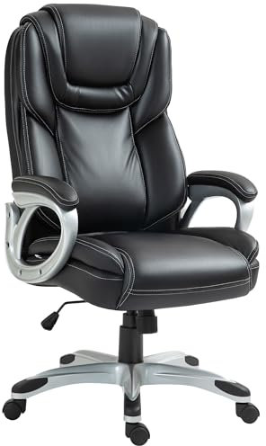 HOMCOM Silla de Oficina, Silla de Oficina, Silla de Ordenador, con función de inclinación, Respaldo Alto, Ruedas giratorias 360°, Regulable en Altura, Negra