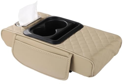Calolin Car Center Console Armrest Pillow, Leather Center Console Armrest with Cup Holder & Tissue Slot, Memory Foam Support, Car Armrest Box Organizer