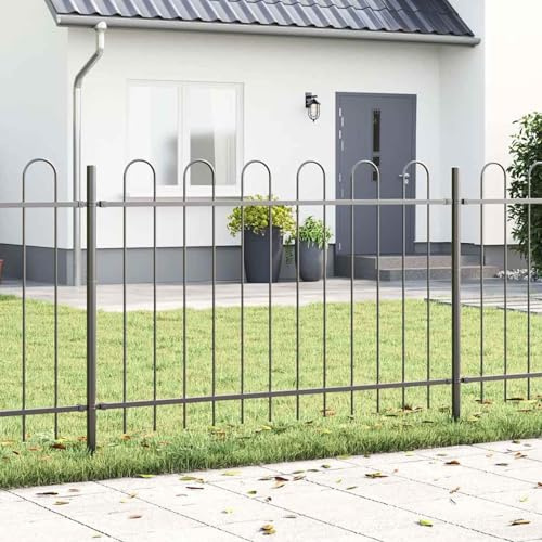Tidyard Gartenzaun mit Rundbogen Oben grau 1,7x1,2 m Stahl, Dekorativer Gartenzaun aus Metall Tierbarriere und Schutzzaun für Haustiere Rosenbeete Vorgarten42003876