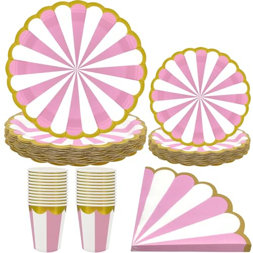 100pcs Paper Plates Cups and Napkins Set Disposable Pink Party Tableware, Serving for 25 Guests, Includes 7 inch/18cm & 9 inch/23cm Paper Plates 250ml/9oz Cups Birthday Party Supplies