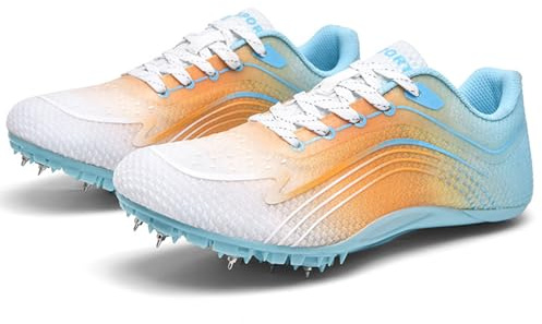 Zapatillas de Atletismo para Hombre, Zapatos Entrenamiento 8 Clavos Malla Transpirables Ligeras para Correr Competir Y Saltar,Naranja,43 EU