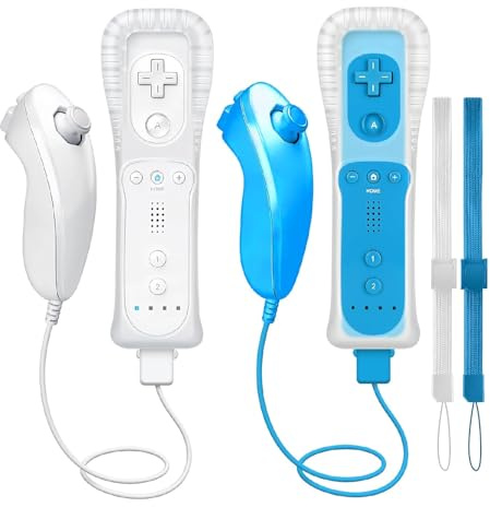 WKOLF Set di telecomandi di ricambio (2 set, 8 pezzi, bianco + blu) per console Nintendo Wii/Wii U con Motion Plus, 2 pezzi (telecomandi + joystick analogici + custodia in silicone + cinturino da