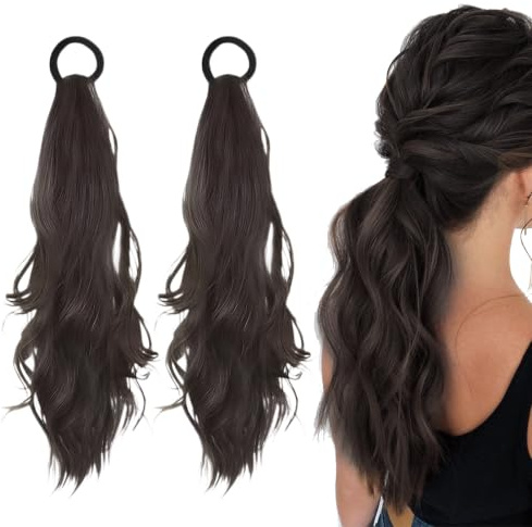 2 Stück Echthaar Zopf Haarverlängerung, Mikro Locken Pferdeschwanz Haarteil, Zopf Extension, Inklusive Elastischer Haargummis, Einfach zu Tragen,Geeignet für Alltagslooks, Bräunlich Schwarz