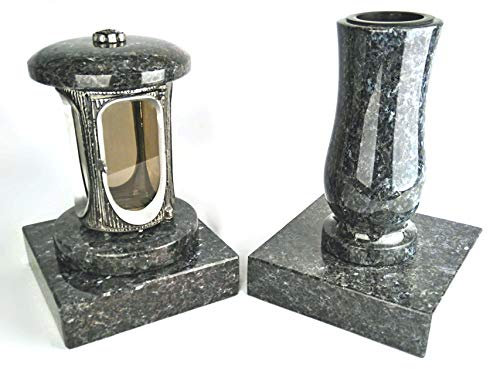 designgrab Alu Grablampe aus Aluminium in Antikoptik und Grabvase und 2 Stück Sockel eckig in Granit Labrador Blue Pearl BP