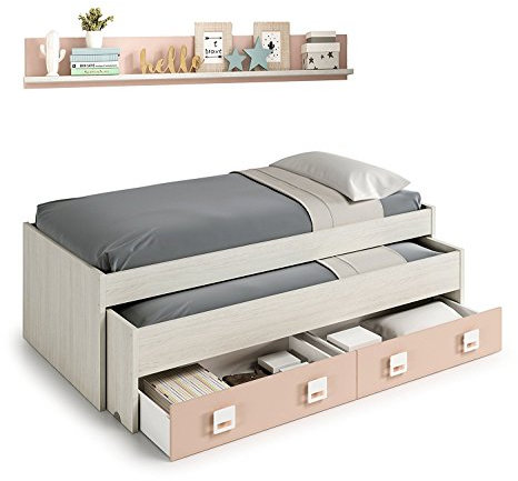 Mobelcenter - Cama Nido con cajones y estantería Nube - Color Blanco y Rosa Pastel - Conjunto Dormitorio Infantil Juvenil (199cm de Ancho x 69cm de Altura x 96cm de Fondo) - 0983
