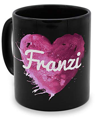 printplanet - Tasse Schwarz mit Namen Franzi - Motiv: Painted Heart - Namenstasse, Kaffeebecher, Mug, Becher, Kaffeetasse