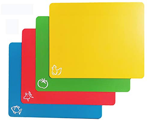 1 Click Schneidebrett-Matten aus Kunststoff, extra dick, flexibel, mit Lebensmittel-Symbolen und EZ-Grip Waffelrückseite, 4 Stück, für Küche und Bar