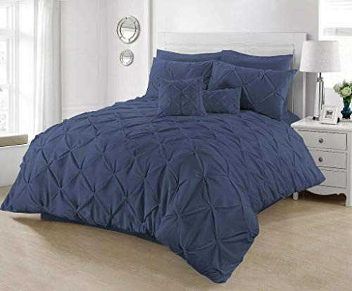 Seventh Linen Duvet Cover Set Designer Reversible Chess Pintuck Quilt Covers Cotton Percale Bedding Bed Sets Double King Super King Size With Pillowcases (Navy Pintuck, King)