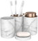 bonVIVO Badezimmer Set 4 TLG. mit Zahnputzbecher, Zahnbürstenhalter, Seifenschale und Seifenspender - Bad Zubehör Set mit edlen Accessoires in Marmor-Optik (Weiß mit Copper)