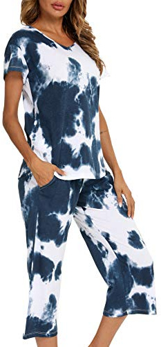 ENJOYNIGHT Damen Schlafanzug Baumwolle Sommer Kurz Pyjama Set mit Tasche | Kurzarm T-Shirt mit V-Ausschnitt, 3/4 Lange Capri Hose mit Kordelzug, Zweiteiliger Nachtwäsche