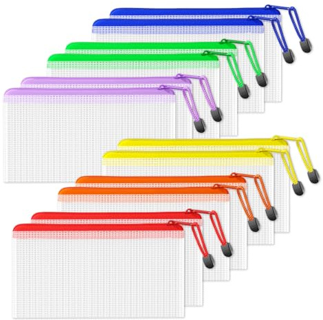 SUNEE Dokumententasche A6, 12 Stück Wasserdichte Mesh Dokumententaschen mit Reißverschluss in 6 Farben, Kunststoff Datei Taschen für Bürobedarf, Schule, Haushalt & Reisen