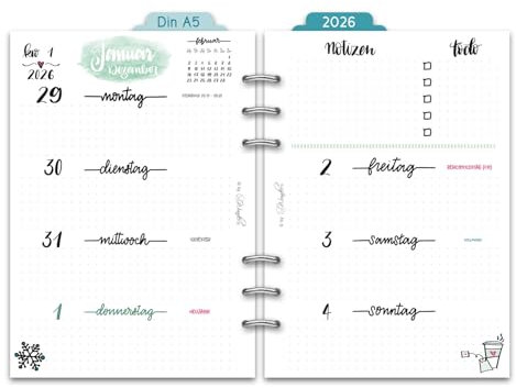 SinnWunder® Premium Kalendereinlagen 2026 - Wochen-Kalender - 1 Woche 2 Seiten - Größe Din A5 - Filofax-Lochung - Handlettering