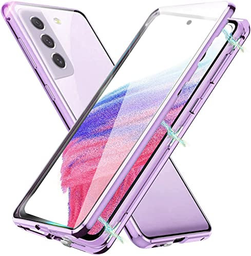MIMGOAL Hülle für Samsung Galaxy S21 FE 5G Schutzhülle,360 Grad Ganzkörper Case Magnetische Adsorption Stoßfest Metall Bumper mit Vorder- und Rückseite Transparent Gehärtetes Glas Abdeckung,Violett