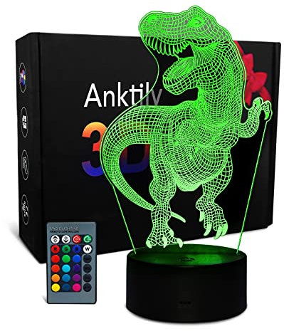 Giocattoli Dinosauro per Ragazzi, Lampada 3D di Dinosauro Illusione Ottica Luce Notturna per Bambini, Lampada Led da Tavolo Illuminazione Luce di Notte con 16 Colori e Telecomando