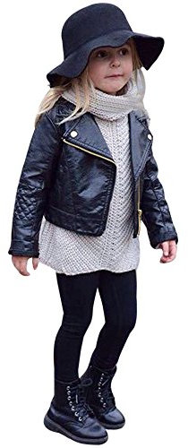 Blouson Enfants Filles Garçons Enfant Bébé Coupe-Vent Blazer Vêtements en Cuir Manteau Veste Courte Manteaux Et Blousons Cadeau De Noël pour Votre Bébé (A Black, 2-3 Ans)