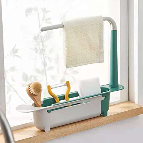 Shunfaji Waschbecken Caddy Teleskop-Spülenhalter Küchenspülen Organizer Schwamm Seifenhalter Organizer Waschbecken Sider Wasserhahn, Waschbeckenständer Erweiterbarer Ablagekorbhalter (Grün)