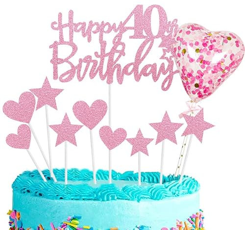 11pcs Pink Happy 40th Birthday Cake Toppers,Personalised Cake Topper for Man&Woman,40th Birthday Cake Decorations Glitter Cupcake Toppers Cake Toppers Kits 5 Star 4 Heart with Balloon