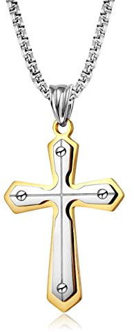 Skcess Kette für Herren, Kette Herren Halsreif Gold Niet Doppelkreuz Edelstahl Kette Herren anhänger Halskette Länge 60cm Liebesgeschenke für Männer