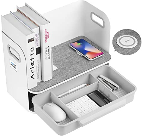 Ergo Office ER-441 Schreibtisch-Organizer mit kabelloser Qi Aufladung, Schublade und Buchstütze Organizer für Büroutensilien Qi Ladestation Büro-Organizer Büroablage bis 10kg Weiß
