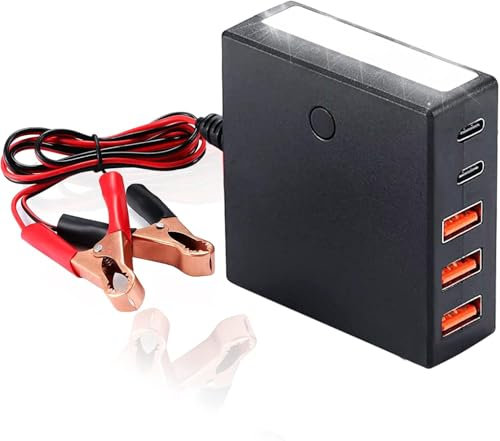 Xdingjiala DC Converter with Battery Clip 12V/24V to 5V, Multi-Ports USB Type-C Power Converters Adapter with LED Emergency Light, 60W Output DC Converter Charger Adaptor for Phone Android Laptops