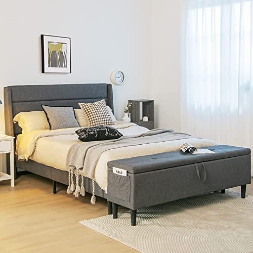 RELAX4LIFE 5FT King Size Bed Frame with Storage Bench and Headboard, Double Upholstered Linen Bed Platform Base, Wooden Slatted Support Mattress Foundation