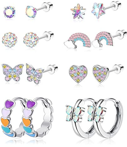 YADOCA 8 Paar Hypoallergene Ohrstecker für Damen Mädchen Kinder 316L Edelstahl CZ Schraubverschluss Ohrring Herz Perle Regenbogen Blume Schmetterling Tragus Knorpel Piercing Ohrringe Set