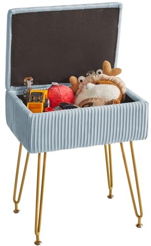 YMYNY Schminkhocker Stuhl mit Stauraum, quadratischer Hocker aus Samt, moderner multifunktionaler Make-up-Hocker für Schlafzimmer, Wohnzimmer, Büro, goldene Beine, 40 x 29.5 x 48 cm, Graublau HBD024G
