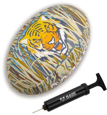 Ram Rugby Tiger Squad Trainer Rugby Ball & Mini Pump - Available in Size 5, 4, 3, & 1 (Mini) - For Kids & Adults - 7 Crazy Fun Designs - Club Quality Training Rugby Ball – Great
