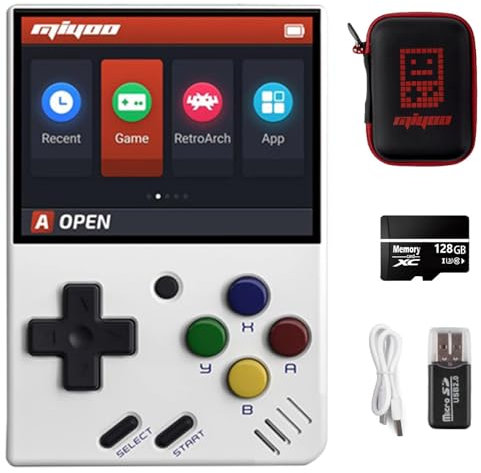 Miyo Mini V4 Palmare Video Console di gioco, 2.8 pollice IPS Schermo Retro Video con 128 GB Card & 11000 + Giochi , Costruito in sistema Open Source portatile (bianco, 128G)