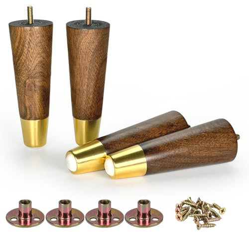 Aiminjey 15cm Wooden Furniture Legs with Gold Cap Set of 4 Sofa Replacement Solid Wood Furniture Feet for Armchair Couch Cabinet Dresser Ottoman TV Stand Bed Legs (Dark Brown-6inch)