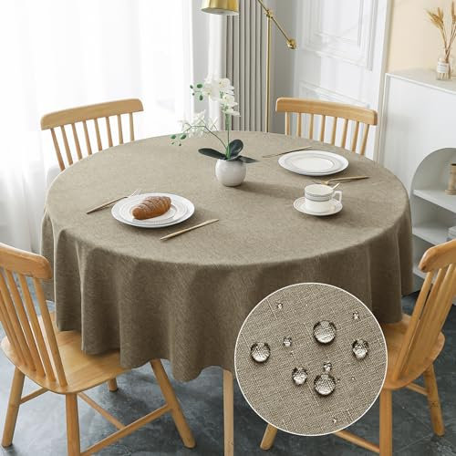 AooHome Tischdecke Rund Φ160cm, Kaffee Braun Leinen-Optik Tischdecken Abwaschbar Tischtuch aus Polyester Wasserabweisend mit Lotuseffekt, Dauerhaft Kratzfest für Wohnzimmer, Esszimmer, Balkon, Garten