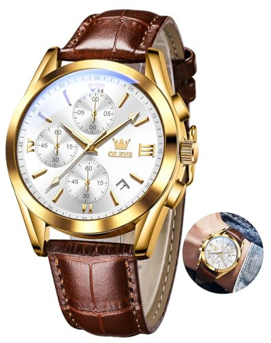OLEVS Montre vintage pour homme avec bracelet en cuir - Grand cadran - Étanche - Lumineuse - Analogique - Affichage de la date, Cadran blanc/bracelet marron 2872, standardmäßig, lanière