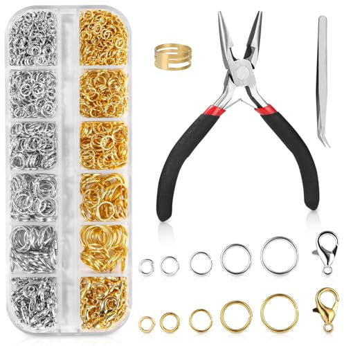 Bixury 1443Pcs Metall Offene Ringe,Gold Silber Jump Rings Biegeringe Schmuckherstellung Ringe mit Schmuckzange Pinzette Biegeringöffner Ketten Verschlüsse für DIY Armbänder Halsketten Handwerk