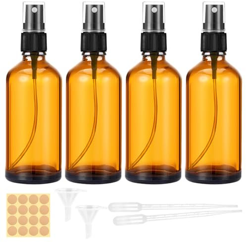 Botella de spray de vidrio ámbar de 100 ml, 4 botellas vacías de rocío fino, botella de spray de vidrio marrón recargable con cuentagotas, embudos, etiqueta para limpieza, aromaterapia, perfume,