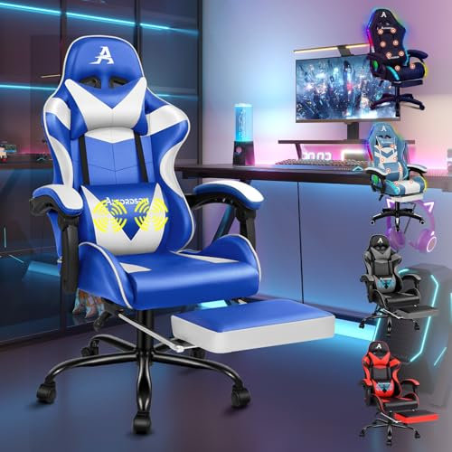 ALFORDSON Sedia da gioco massaggiante, reclinabile a 150°, sedia da ufficio ergonomica, in pelle PU con poggiapiedi, altezza regolabile, sedia da corsa, capacità di 180 kg, Ecopelle, Blu e Bianco