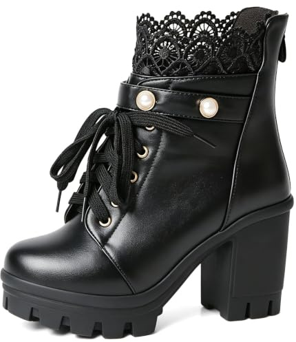 MEOTINA Plateau-Stiefeletten für Damen, Blockabsatz, Schnürung und Schnalle, mit Reißverschluss, hoher Absatz, Gothic-Schuhe, Schwarz