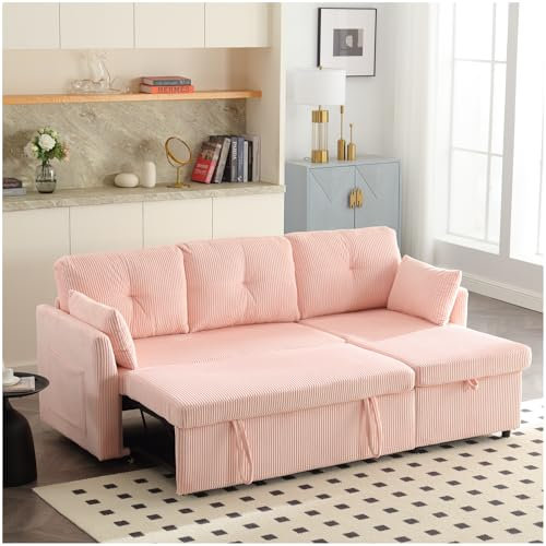 Sapgaks Canapé d'angle Convertible avec sièges de Rangement et Poches accoudoirs,Canapé Convertible avec Forme des Rayures,canapé 3 Places,Velours (Rose)