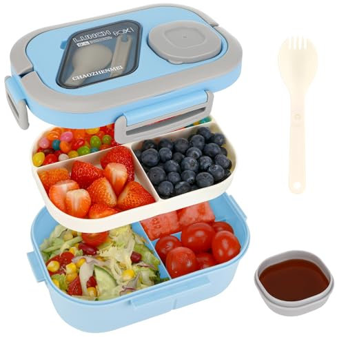 Kasanni Lunch Box con scomparti, lunch box, contenitore per pranzo e insalata, bento box con cucchiaio, snack box, pranzo, per adulti e bambini, senza BPA (Blu)