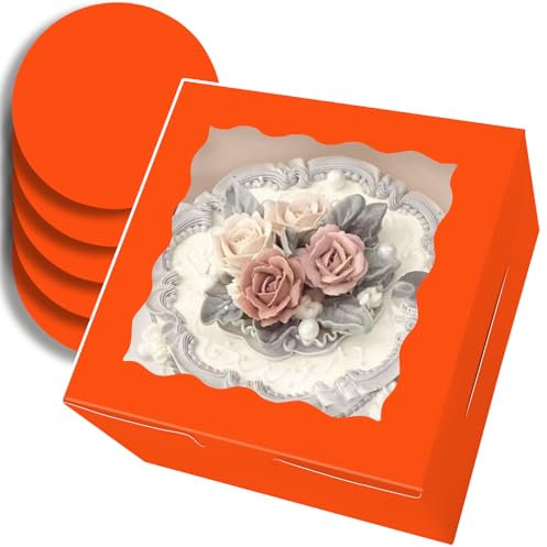 Gcardist Caja para tartas de 20,3 x 20,3 x 12,7 cm, 5 juegos de cajas de cartón para tartas naranja con ventana y 5 juegos de tablas redondas de 20,3 cm, recipiente para tartas de 20,3 cm (8 x 8 x 5