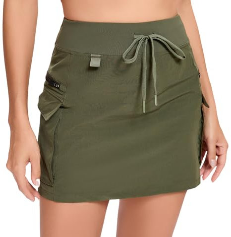 Timuspo Hohe Taille Skort A-Line Workout Rock mit Taschen Sommer Schnell Trocknende Sport Damen Röcke Armee-grün M